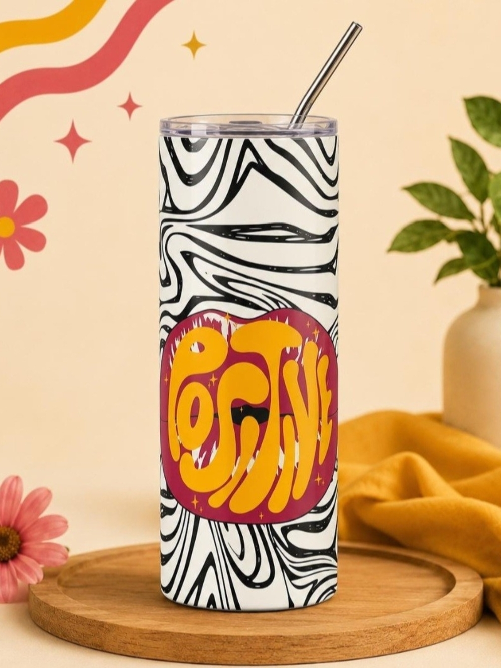 Positive Vibes Stainless Tumbler — Yellow & Magenta Graphic